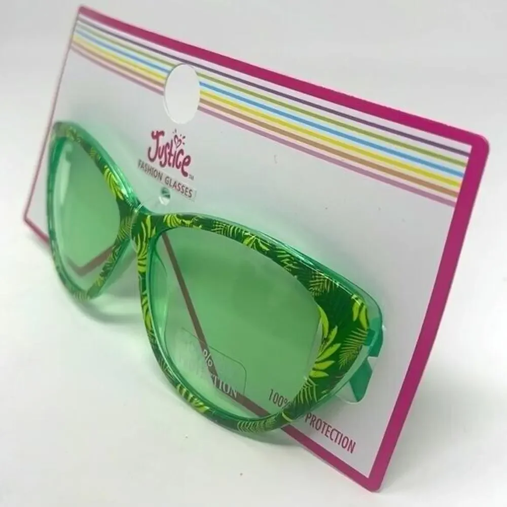 Justice Sunglasses Girls Green Lens Floral Tropical Print 100% UV Protecton NEW